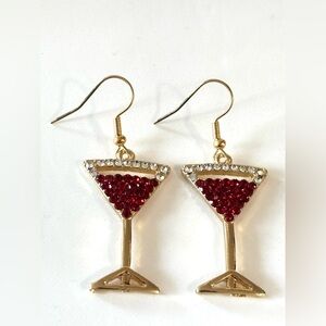 🎄 4/25$ Cute Martini gold tone red and clear rhinestones earrings